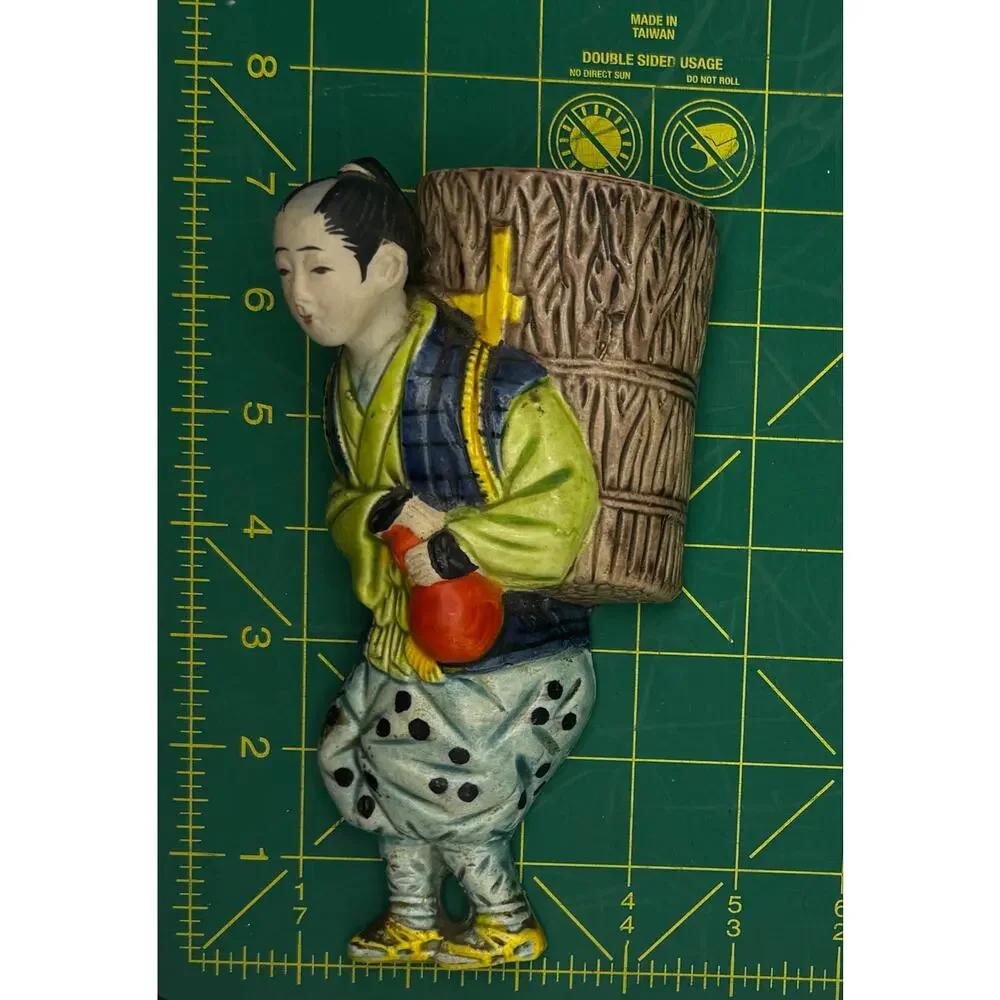 Vintage Banko? ceramic Japanese man with basket wall pocket vase. MADE IN JAPAN
